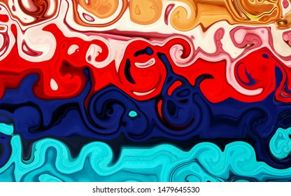curly contrasting waves red. blue, gold and light blue