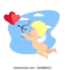 Curly cupid boy shoots from the bow in the heart against the background of sky and clouds. Romantic valentines card. Can be used in card design, postcard, calendar, website, wallpaper, banner