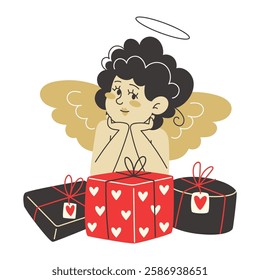 Curly Cupid sitting on gift boxes for Valentine's Day