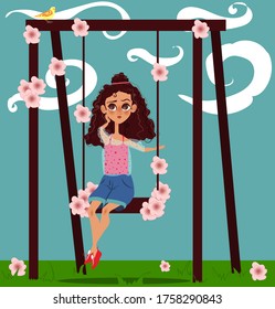 Curly dark hair girl on the swing listening a bird's singing. Flat vector illustration. Cartoon character. 