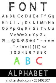 Curly Decoration Font. Vector Decorative Font with Curl Elements. Black Latin Alphabet. Calligraphic Collection Letters, Numbers and Sign.  Exclamation Sign and Question Sign.