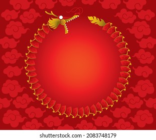 Un dragón rizado en el cielo. Vector. Con fondo de nubes simplificadas. 