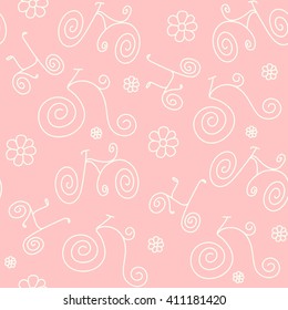 Curly eco bicycles and flowers seamless pattern. Beige outline on pink background.