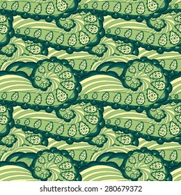 Curly fantasy seamless pattern.Vector illustration.Green version.