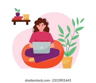 Curly flat woman freelancer working on laptop at home. Creative employee doing remote job. Cozy working environment. Vector cartoon style illustration on white background