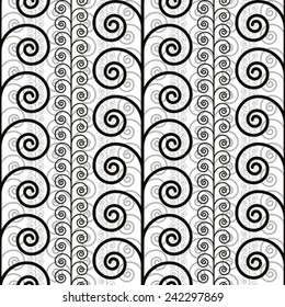 Curly floral seamless pattern, black and white vector background.