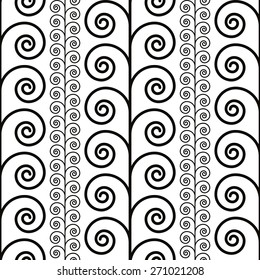 Curly floral seamless pattern, black and white vector background.