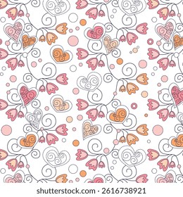 Curly flowers and hearts in dashed lines pattern