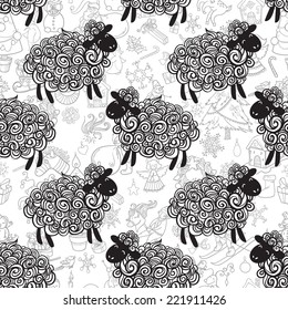 Curly fluffy sheep on the field. Christmas winter vector pattern background. 