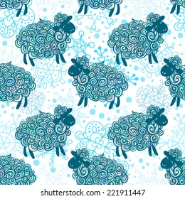 Curly fluffy sheep on the field. Christmas winter vector pattern background. 