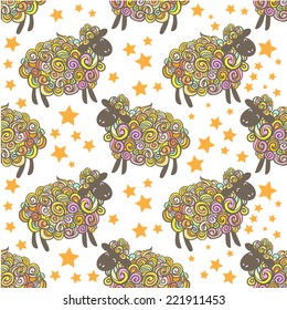 Curly fluffy sheep on the field. Vector pattern background. 