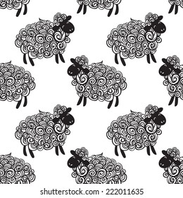 Curly fluffy sheep on the field. Vector pattern background. 