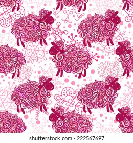 Curly fluffy sheep on the field. Christmas winter vector pattern background.