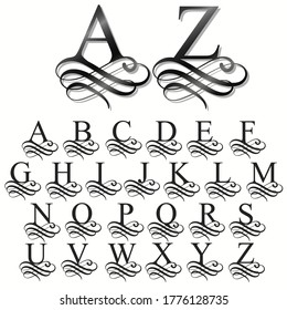 Curly font caligraphic alphabet. Original Typeface. vector