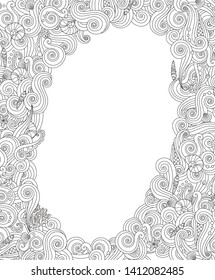 Curly frame in zentangle inspired style.Doodle flowers decorative border. Coloring book for adult and children. Editable vector illustration.