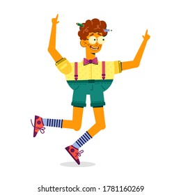 Curly funny guy jumping with happiness, cartoon. Teen boy geek with pencils in his head raised his hands and jumps