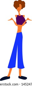A curly girl in a blue jeans and a violet shirt, vector, color drawing or illustration.