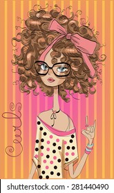 curly girl with bow on her hairs. 