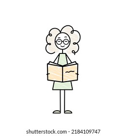 Curly Girl Character Reading A Book, Simple Sketch, Black Line, Doodle Vector Illustration, Smart Female Character