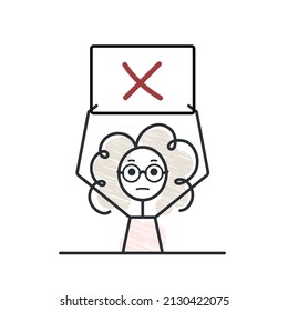 curly girl doodle character holding cross sign banner overhead
