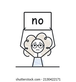 curly girl doodle character holding no banner overhead negative answer