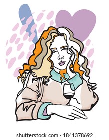 Curly girl with a glass of wine. Funny actual print. One line drawing.