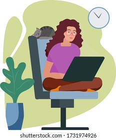 
Curly girl with glasses sitting on a chair and working on a laptop.
Vector illustration in flat style of hand-drawing. 
Programmer, designer, writer, blogger, manager, freelancer, salesman working. 