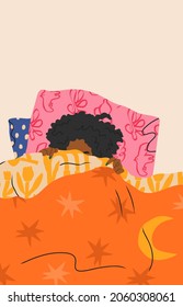 Curly girl hiding her face, lying on soft pillows in bed under the blanket. Top view. Beautiful young woman covering her face with duvet. Hand drawn modern Vector illustration. Relax, coziness concept