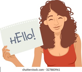 curly girl holding a sheet of notebook hello