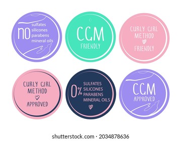 Curly girl method (CGM) approved product symbol set. No sulfates, silicones, parabens, mineral oils. Round icon collection for hair products.