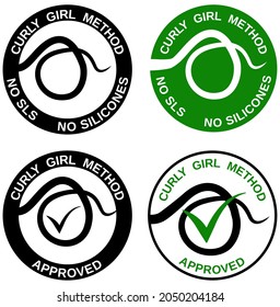 Curly Girl Method (CGM) approved product symbol set. No sls, and  silicones icons for hair care treatment isolated on white.