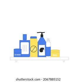 Curly girl method. Cosmetics products for wavy, curl, coils,  hairstyles. CGM hair concept. Vector illustration
