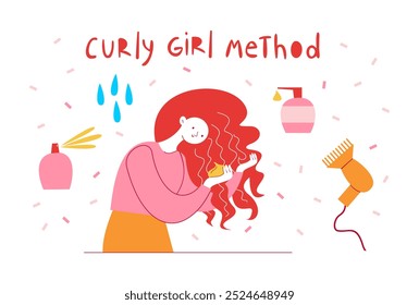 Curly girl method illustration: curly girl styling her hair with gel. Vector illustration of beauty routine.