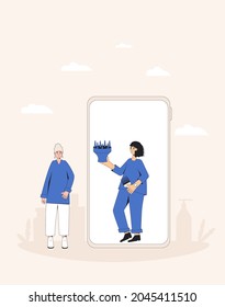 Curly girl method onlinr community. Blogger giving advice how use a diffuser nozzle for hairdryer. Tutorial or online training for home styling. Vector illustration.