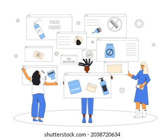 Curly girl method routine and tips. Differnt women with tools and hair cosmetics products for wavy, curl, coils, afro hairstyles. CGM hair concept. Vector illustration