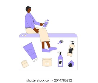 Curly girl method routine and tips. Woman with tools and hair cosmetics products for wavy, curl hairstyles. CGM hair concept. Vector illustration