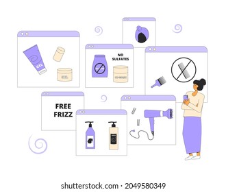 Rutalidad y consejos del método de chica grosera. Mujer con herramientas y productos cosméticos para peinados ondulados y curtidos. Concepto de cabello CGM. Ilustración del vector