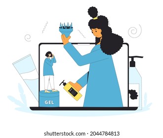 Curly girl method rules. Blogger giving advice tools and hair cosmetics products for wavy, curl, coils, afro hairstyles. Tutorial or online training for home styling. Vector illustration