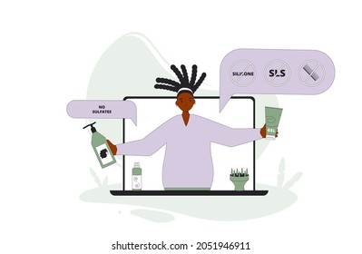 Curly girl method rules. Blogger giving advice tools and hair cosmetics products for wavy, curl, coils, afro hairstyles. Tutorial or online training for home styling. Vector illustration