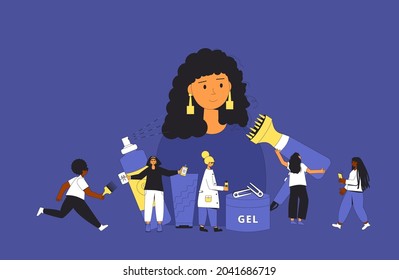 Curly girl method styling. Women with tools and hair cosmetics products for wavy, curl, coils, afro hairstyles. CGM hair concept. Vector illustration