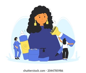 Curly girl method styling. Women with tools and hair cosmetics products for wavy, curl, coils, afro hairstyles. CGM hair concept. Vector illustration