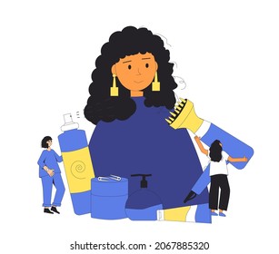 Curly girl method styling. Women with tools and hair cosmetics products for wavy, curl, coils, hairstyles. CGM hair concept. Vector illustration