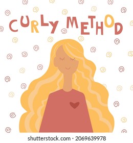 Curly Girl Method.Illustration With A Curly Blonde Girl And The Inscription Curly Method