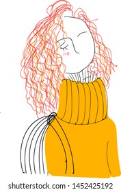 A curly girl in an orange sweater with a bag, vector, color drawing or illustration.
