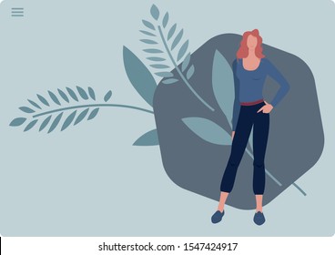 curly girl in stylish pants on the background with elements of nature