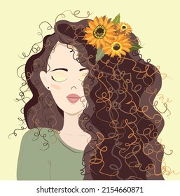 curly girl with sunflowers in her hair. green sweatshirt. light yellow delicate background. summer illustration in fresh and sunny colors