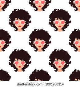 Curly girl with sunglasses. Cartoon vector pattern