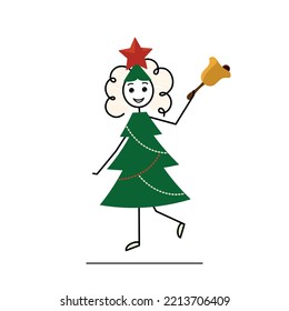 curly girl wearing fir christmas tree costume and holding gold star, red star and green dress, cute female character, flat vector illustration, sketch, doodle style, stickman