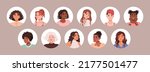 Curly girls characters avatars set. Young women face portraits in circles. Females with fashion hairstyles, curls, wavy frizzy hair. Flat graphic vector illustrations isolated on white background