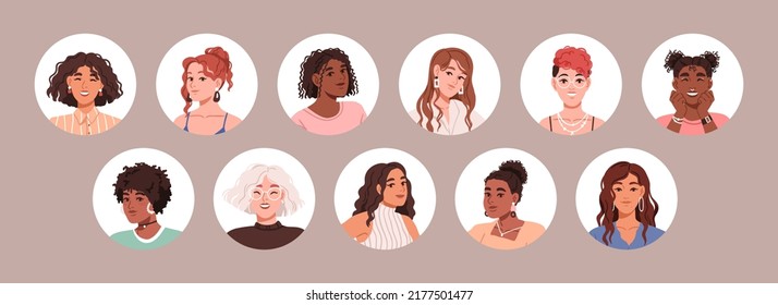 Curly girls characters avatars set. Young women face portraits in circles. Females with fashion hairstyles, curls, wavy frizzy hair. Flat graphic vector illustrations isolated on white background
